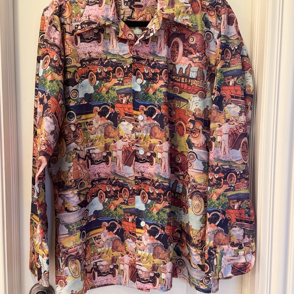 Vintage Colorful Car Print Men's Casual Shirt, size xl